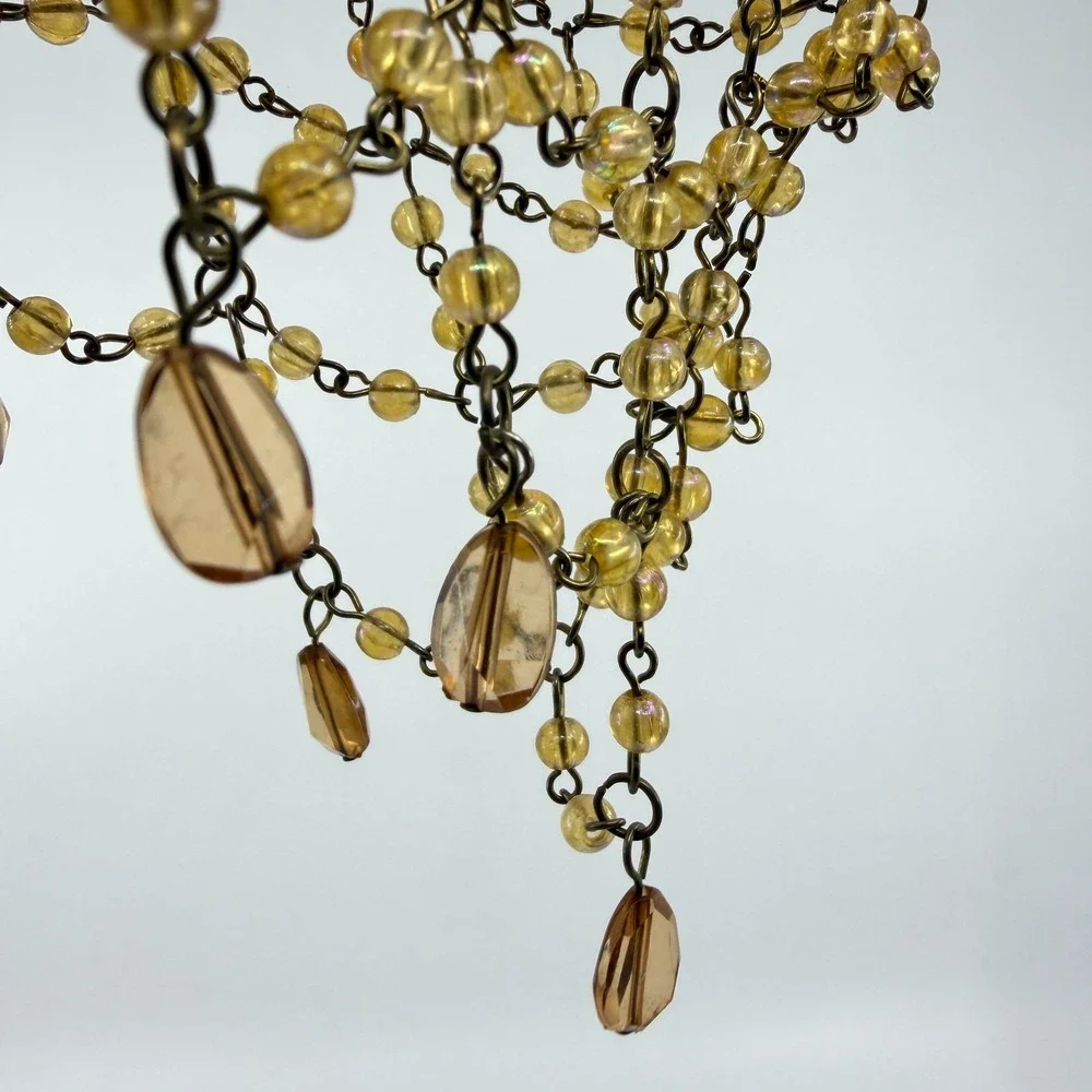 Necklace Vintage Amber Bronze Beaded Mesh Bib Teardrop Fringe Statement